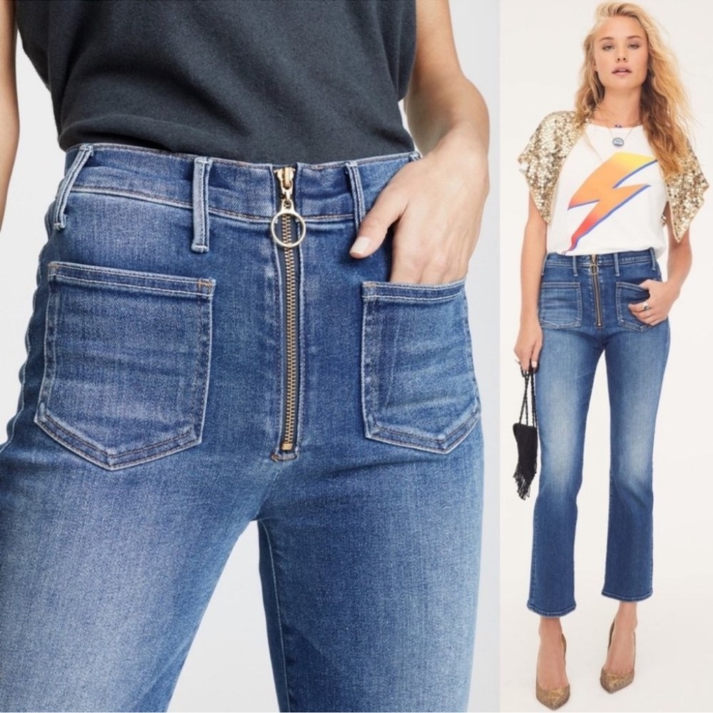 MOTHER Blue High-Rise Ankle Crop Jeans with Front Zip